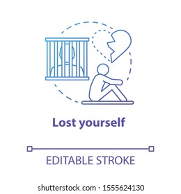 Lost yourself concept icon. Depression after breakup. Dependent relationship. Heartbroken. Feeling of hopelessness idea thin line illustration. Vector isolated outline drawing. Editable stroke