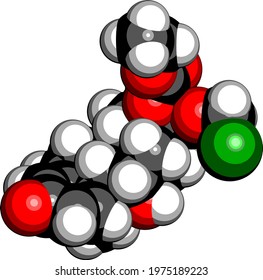 Loteprednol etabonate corticosteroid drug molecule. 3D rendering. Atoms are represented as spheres with conventional color coding: hydrogen (white), carbon (black), nitrogen (blue), oxygen (red), etc