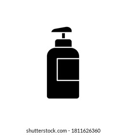 Lotion in bottle black glyph icon. Pump package for liquid soap. Container with dispenser. Makeup for personal care. Gel in plastic jar. Silhouette symbol on white space. Vector isolated illustration