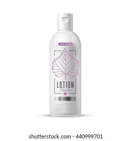 Lotion bottle. Cosmetic plastic bottle isolated on white background. Container for harmony skincare organic lotion illustration. Body care beauty product packaging vector design template
