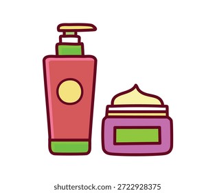 Botella de loción y tarro de crema icono de Vector para el cuidado de la piel, cosméticos y Productos de cuidado personal. Icono de Vector de belleza y cuidado de la piel con loción y crema para el cuidado personal y conceptos de cosméticos.