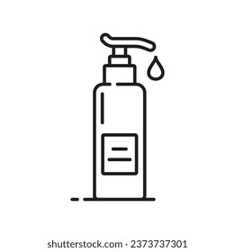 Lotion bottle icon, skincare of face and hand skin, cosmetic pump tube, vector linear pictogram. Lotion bottle or cream moisturizer, shower gel or shampoo, liquid soap or sanitizer linear icon