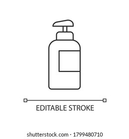 Lotion in bottle linear icon. Pump package for liquid soap. Container with dispenser. Thin line customizable illustration. Contour symbol. Vector isolated outline drawing. Editable stroke