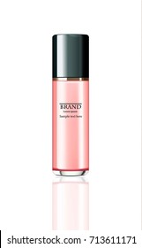 Lotion Cosmetics Vector realistic mock up. Pink package Hydration cream bottle and flowers decor. Perfect for advertising, flyer, banner, poster. 3d illustration