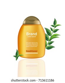 Lotion Cosmetics Vector realistic mock up. Orange package bottle with logo. Perfect for advertising, flyer, banner, poster. 3d illustration