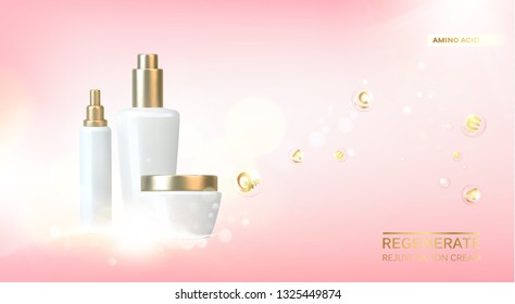 Lotion cream for hand from white bottle. Jar of cream isolated on pink background. Bottle of cosmetic lotion and jar of cream. Vector illustration.