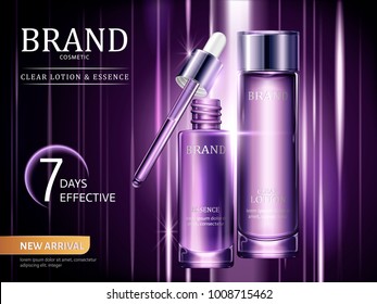 Lotion and essence ads, cosmetic containers set in purple with light rays in 3d illustration