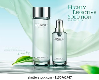 Lotion and essence ads in light green tone with chiffon and green leaves in 3d illustration