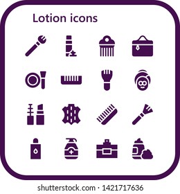 lotion icon set. 16 filled lotion icons.  Simple modern icons about  - Makeup, Foam, Comb, Cosmetics, Make up, Spa, Skin, Body oil, Gel, Perfume