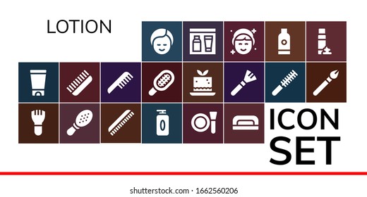 lotion icon set. 19 filled lotion icons.  Simple modern icons such as: Makeup, Gel, Comb, Make up, Nail dryer, Mousse, Shampoo, Foam