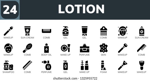 lotion icon set. 24 filled lotion icons.  Simple modern icons about  - Makeup, Sun cream, Comb, Gel, Body oil, Make up, Perfume, Skin, Shampoo, Foam
