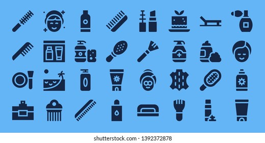 lotion icon set. 32 filled lotion icons. on blue background style Collection Of - Comb, Make up, Perfume, Makeup, Gel, Beach, Shampoo, Sun cream, Body oil, Spa, Nail dryer, Mousse