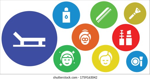 lotion icon set. 9 filled lotion icons.  Simple modern icons such as: Beach, Body oil, Comb, Makeup, Spa, Make up
