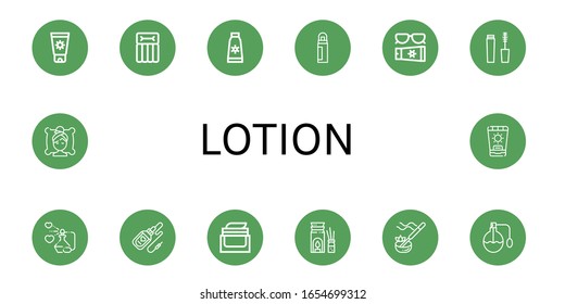 lotion icon set. Collection of Sunscreen, Airbed, Sun cream, Deodorant, Mascara, Perfume, Serum, Face cream, Aromatherapy, Incense, Spa icons