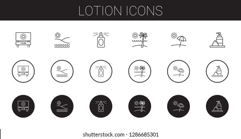 lotion icons set. Collection of lotion with beach, perfume, foam. Editable and scalable lotion icons.