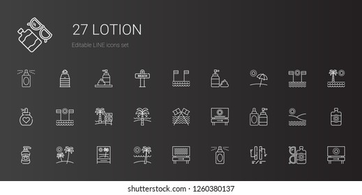 lotion icons set. Collection of lotion with ph, perfume, beach, shampoo, foam, sun lotion, sauna. Editable and scalable lotion icons.