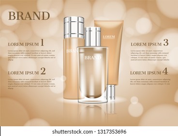 Lotion moisturizer and cream with glittering lights on beige background Lotion moisturizer and cream with glittering lights on beige background