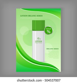 Lotion organic series. Plastic tube for cosmetics on green background. Product for body care, beauty, health, freshness, youth, hygiene. Cream and lotion product. Realistic vector illustration.