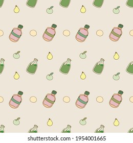 Lotion Pattern. Natural cosmetic. Apples and Pears. Drawn by hand. Vector EPS 10