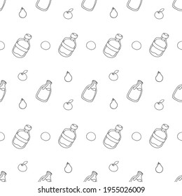 Lotion Pattern. Natural cosmetic. Apples and Pears. Drawn by hand in Doodle style. Vector EPS 10