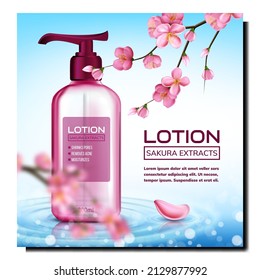 Lotion Sakura Extracts Promotion Poster Vector. Lotion Blank Bottle With Pump, Tree Branch And Flowers Petals On Advertising Banner. Skincare Cosmetic Style Concept Template Illustration