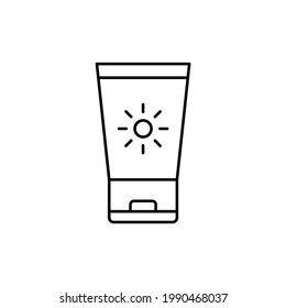 Lotion sunblock icon, sunscreen icon in flat black line style, isolated on white background 
