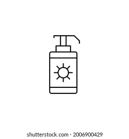 Lotion sunblock icon, sunscreen icon in flat black line style, isolated on white background 