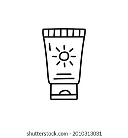 Lotion sunblock icon, sunscreen icon in flat black line style, isolated on white background 