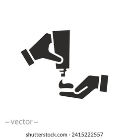 lotion tube icon, squeeze cream on hand, skincare concept, shower gel, flat symbol on white background - vector illustration