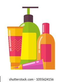 Lotions and tubes, collection of aroma liquids, container made of plastic with shampoo and gel for shower, vector illustration, isolated on white