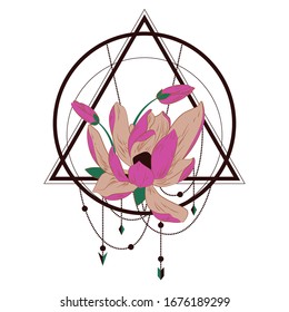 Lotos flower with buds on spiritualistic tracery with beads