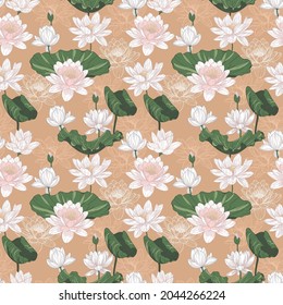 Lotos flowers and leaves. Seamless pattern with hand drawn digital illustrations with floral theme