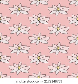 Lotos hand drawn seamless pattern in cartoon comic style bloom flower tender pink