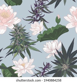 Lotos and hemp flowers and leaves. Seamless vector pattern with hand drawn plant illustrations