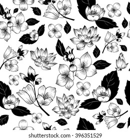 Lotos and jasmine flower.  Vector seamless pattern