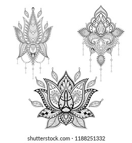 Lotos tattoo set in monochrome graphic style. Zen art, ethnic symbols. Indian spirit mechendi flash tattoo. Colouring book decoration, design elements for adult coloring page.