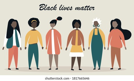 Lots of African American girls. Black lives matter. Protesting for human rights. A variety of beauty. Flat vector illustration.
