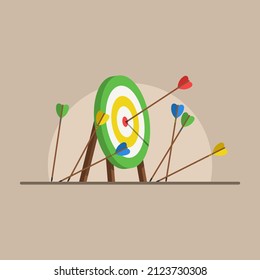 Lots arrows missed hitting target mark and only one hits the center. Failed inaccurate attempts to hit archery target. Vector illustration