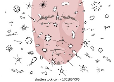 Lots of bacteria and viruses in the air and in particles, virus transfer by airborne droplets, concept. Human face and various bacteria and viruses, vector illustration, quarantine and pandemics