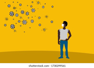 Lots of bacteria and viruses in air and in particles, virus transfer by airborne droplets. Human face in medical mask and various bacteria and viruses, vector illustration, quarantine and pandemics