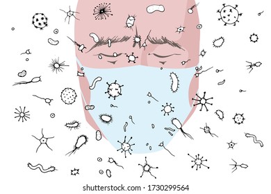 Lots of bacteria and viruses in air and in particles, virus transfer by airborne droplets. Human face in medical mask and various bacteria and viruses, vector illustration, quarantine and pandemics
