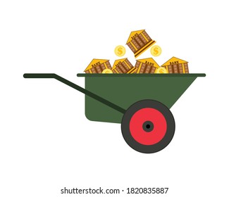 Lots of bank buildings and dollar coins in a garden wheelbarrow. Vector illustration isolated on white background.