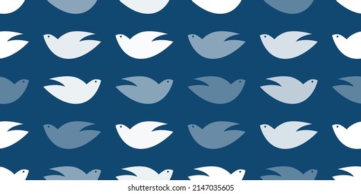 Lots of Bird Shapes, Peace Pigeons of Various Sizes and Shades of Blue - Pattern, Wide Scale Texture - Seamless Background Design, Vector Template