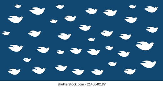 Lots of Bird Shapes, White Peace Pigeons of Various Sizes - Pattern, Wide Scale Texture - Dark Background Design, Vector Template