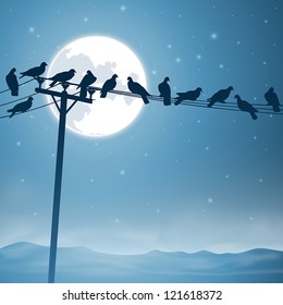 Lots Of Birds On Telephone Lines With Night Sky And Moon