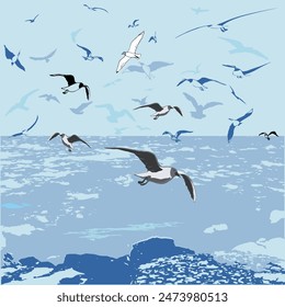 Lots of birds, silhouetted and drawn. They hover in a flock over the blue water.
