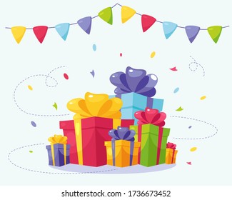 Lots of birthday gift boxes. Gifts for the holiday. Festive decor. Vector illustration in flock style.