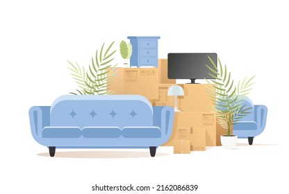 Lots of boxes and stuff. Moving house concept. Isolated on white background. Illustration in vector