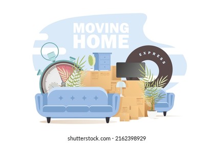 Lots of boxes and stuff. Moving house concept. Cartoon style. vector illustration