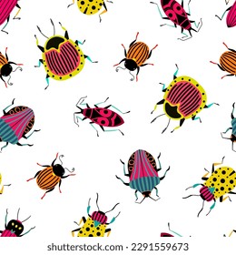 Lots of bright and funny bugs. Lovely seamless pattern with cartoon elements. 